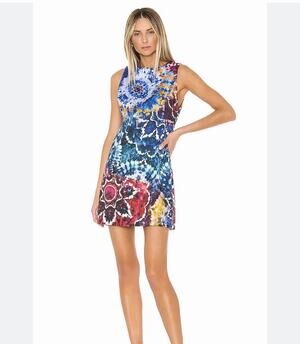 ALICE + OLIVIA Coley Crew Neck Aline Mini Dress in Tie-Dye Kaleidescope - Size 4